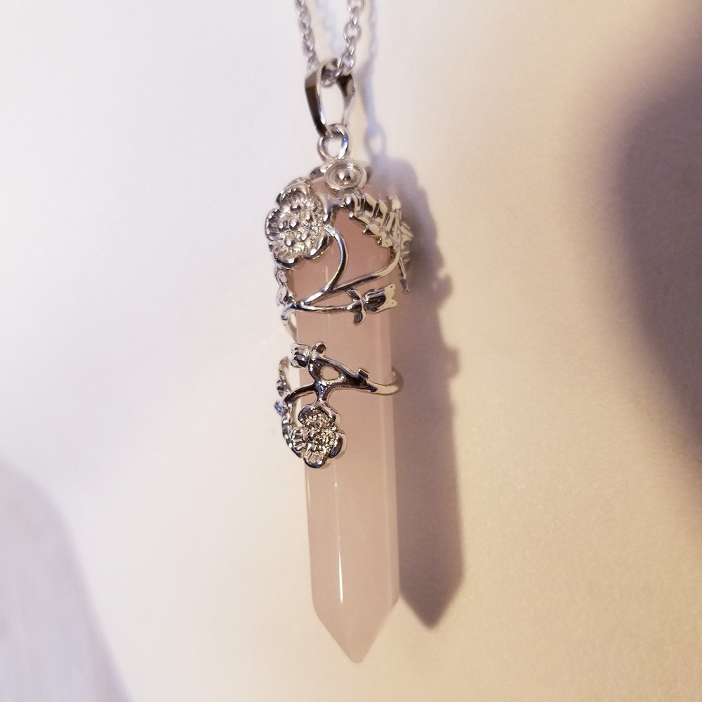 Natural rose quartz and stainless steel necklace